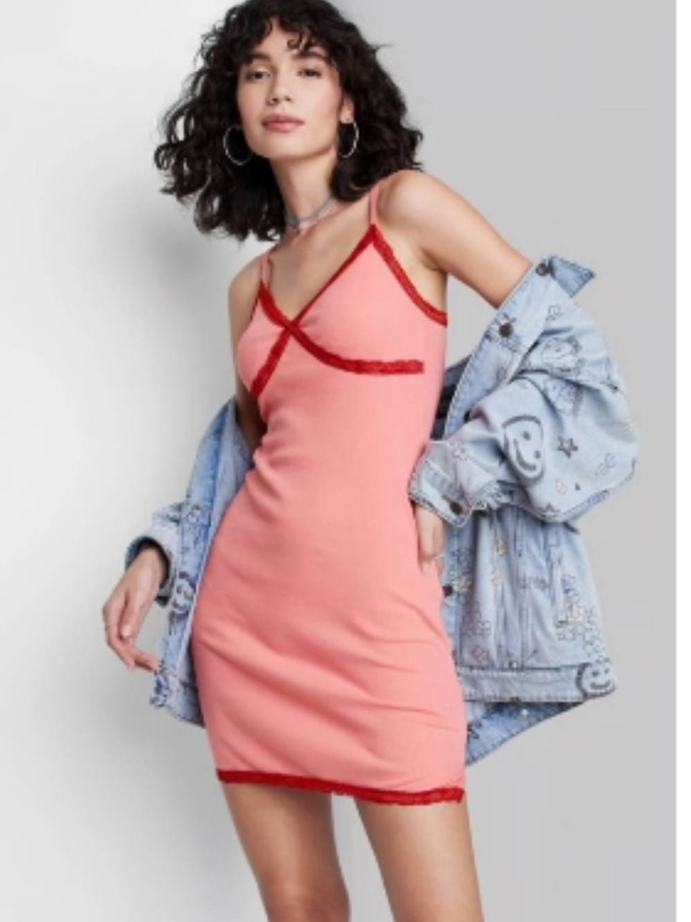 Coral Bodycon Cotton Summer Mini Slip Dress ~ Red Lace Trim ~ Side Slit ~ NWOT